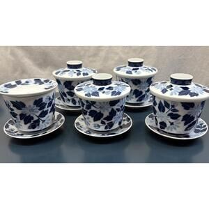 Japanese Tea Gaiwan Blue And White Porcelain 5 Sets Cups Lids Plates Vintage